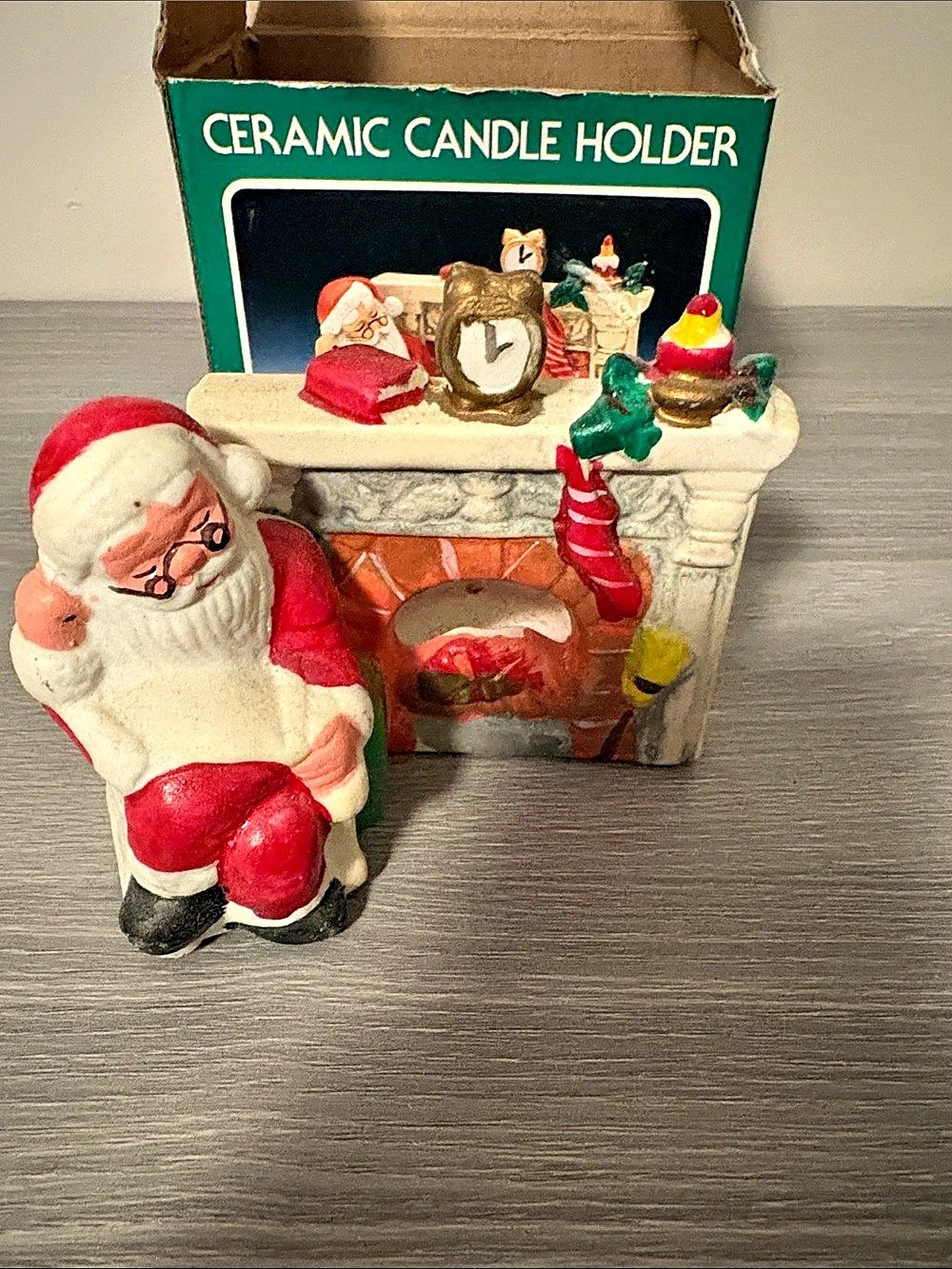 Ceramic Santa Resting by Fireplace Votive Candle Holder Holiday Christmas
